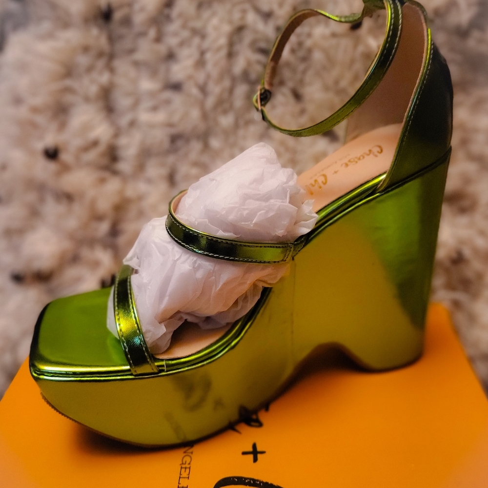 Chase + Chloe Iridescent Lime Green Platform Wedge Sandals - Picture 4 of 9